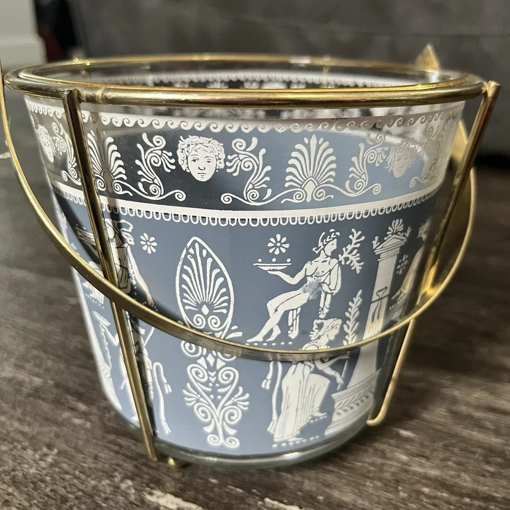 Vintage Jeanette Ice Bucket‎ Glass Greek Roman Blue White Brass Carrier MCM